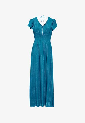 Teal maxi-jurk met korte gerimpelde mouwen, V-hals, knoopsluiting, smocktail en een verticale metallic streepjespatroon. Zachte textuurstof.