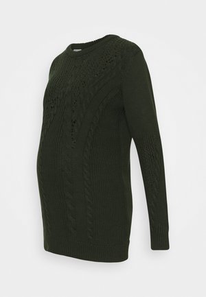 Suéter de embarazo tejido en verde oscuro con patrones de trenzas y encajes, mangas largas y cuello redondo.