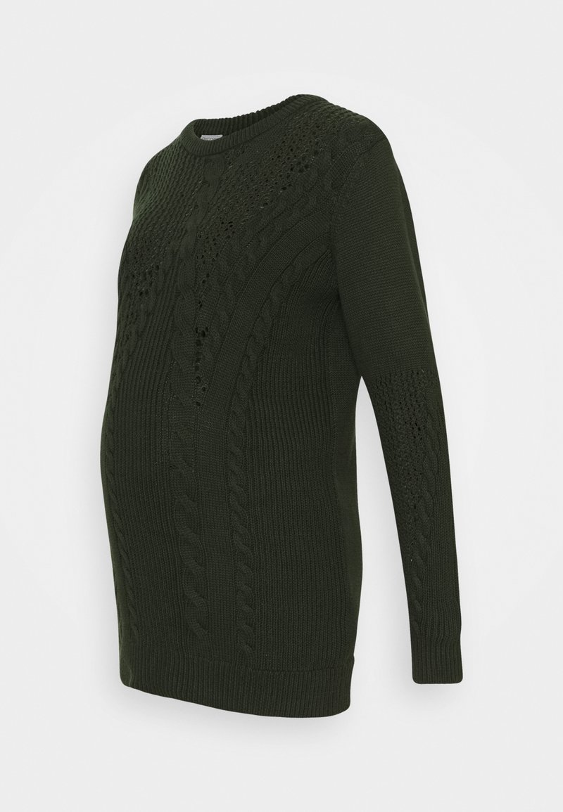 Pull de maternité tricoté vert foncé avec motifs torsadés et en dentelle, manches longues et encolure ronde.