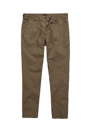 Pantalones casuales marrones con cintura elástica, cordón ajustable, cierre de botón, cremallera frontal y bolsillos laterales, extendidos sobre un fondo blanco.