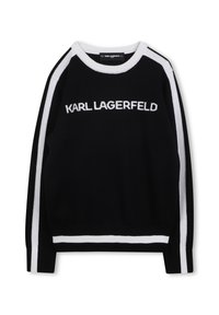 Μαύρο πουλόβερ με λευκές ρίγες κατά μήκος των μανικιών και του στριφώματος, με το λογότυπο "KARL LAGERFELD" σε λευκό μπροστά. Πλεκτή υφή, στρογγυλή λαιμόκοψη.