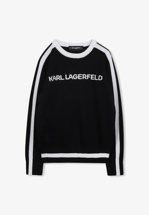 Črna pulover s belimi črtami ob rokavih in robu, ki na sprednjem delu nosi belo "KARL LAGERFELD" logo. Pletena tekstura, krojena ovratnika.