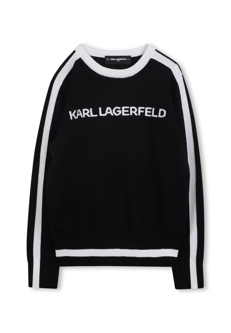 Sweater preto com riscas brancas ao longo das mangas e da bainha, apresentando o logótipo "KARL LAGERFELD" em branco na parte da frente. Textura de malha, decote redondo.