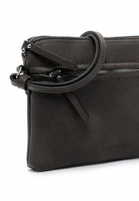 Gray leather clutch with a smooth texture, top zipper closure, and a detachable round handle. Features subtle stitching and branding.