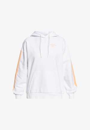 Hvid hoodie med orange sidestriber, justerbar snoretræk i hætten, frontlomme og broderet logo-detail. Blødt, tykt materiale.