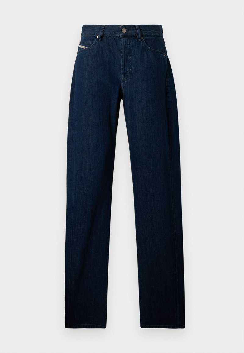 Mørkeblå denimjeans med et lige ben-design, der har lukning med knap foran og traditionelle lommedetaljer.