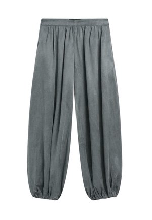 Loszittende grijze veloursbroek met geplooide elastische taille en enkels, die een ontspannen ballonstijl silhouet creëren.