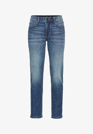Blauwe denim spijkerbroek met een recht model, vervaagde voorkant, vijf zakken en contrasterende stiksels langs de naden.