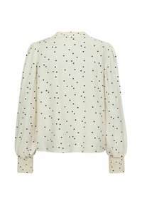 Bluză crem cu mâneci lungi, cu buline negre, manșete adunate și mâneci ușor bufante, prezentată din spate pe un fundal alb.