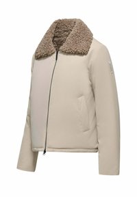 Giacca imbottita beige con colletto in pile marrone, chiusura con cerniera e tasche laterali. Tessuto liscio, maniche corte e vestibilità rilassata.