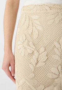 Beiger Spitzenrock mit floralem Stickerei und einer strukturierten, offenen Webart. Enthält einen taillierten Bund und komplizierte Blättermuster.