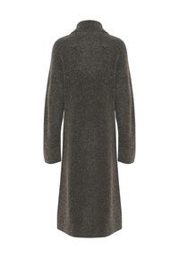 Cappotto di lana grigio scuro con colletto, maniche lunghe e silhouette dritta. Tessuto morbido con cuciture minime e senza hardware visibile.