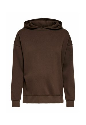 Brun pullover-hoodie med långa ärmar, ribbstickade muddar och en enkel, odekorerad framstycke på vit bakgrund.