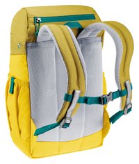 Yellow fabric backpack features mesh back and straps, teal accents, front zip pocket, and side stretch pocket for water bottles.