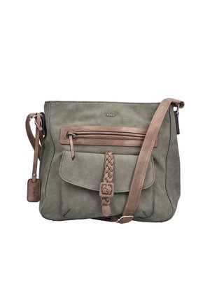 Borsa in tela verde con dettagli in suede marrone, trama intrecciata sul flap anteriore, tracolla regolabile e tasca con zip. Logo metallico sulla parte anteriore.