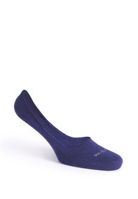 Calzino invisibile blu navy con una texture liscia, caratterizzato da un design a taglio basso e punta rinforzata. Dettaglio di branding discreto sul lato.