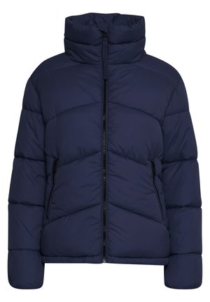 Mørkeblå pufferjakke med høj krave, horisontalt quiltet mønster og sorte lynlåsede lommer. Lavet af et glat, isoleret stof.