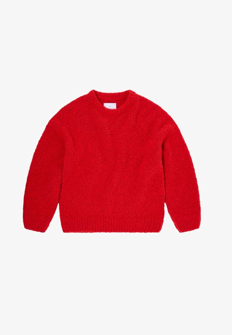 Pull en tricot texturé rouge avec des manches longues et des poignets, un col et un ourlet côtelés, posé à plat sur un fond blanc.