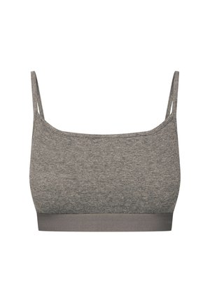 Gray fiber blend bralette with thin straps and a smooth texture. Features a wide underband for support. Minimalist design with no embellishments.