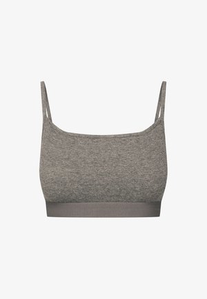 Gray fiber blend bralette with thin straps and a smooth texture. Features a wide underband for support. Minimalist design with no embellishments.