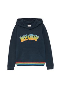 Navyblauwe hoodie met de tekst "N.Y. CITY" in geel en groen. Voorzien van een kenguruzak en een meerkleurige gestreepte ribbelzoom.