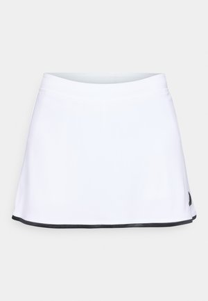 Falda deportiva blanca con una textura suave, con un dobladillo negro. El diseño incluye una cinturilla ajustada y una silueta acampanada.