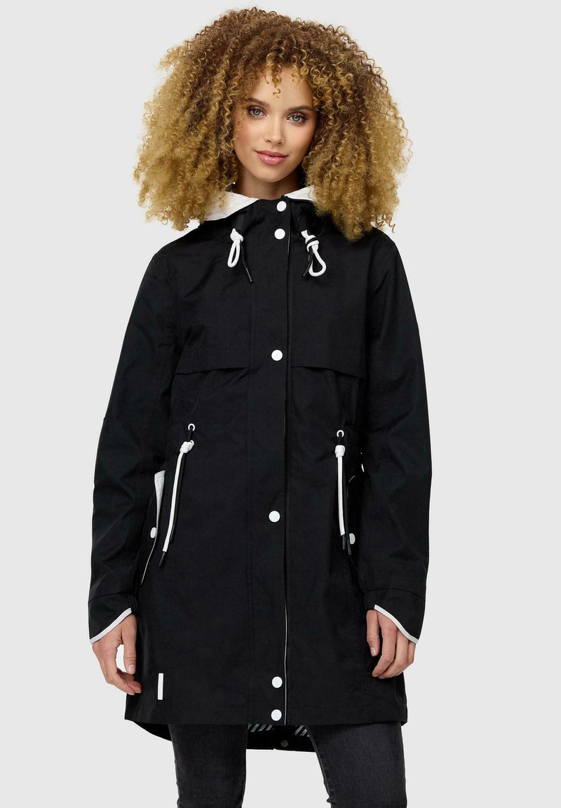 Black waterproof jacket with a drawstring hood, front pockets, snap buttons, and white accents; knee-length with a relaxed fit.
