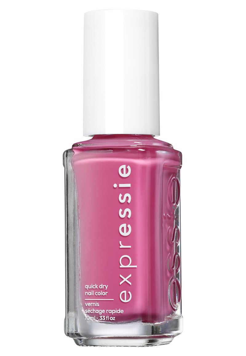 Smalto per unghie rosa in una bottiglia di vetro trasparente con un tappo bianco. L'etichetta mostra "expressie smalto per unghie a asciugatura veloce" in caratteri in grassetto.