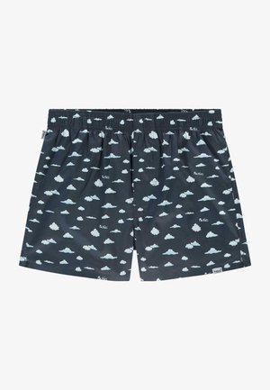 Tmavě modré boxerky s světle modrými vzory mraků, elastický pás a měkký bavlněný materiál. Obsahují malé logo na lemu.