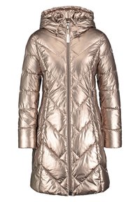 Metallic roseguld dunjakke med hætte, med frontlynlås, chevron quilting-mønster og trekvartærmer.