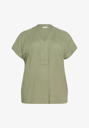 Lyhythihainen, V-päinen paita vaaleanoliivinvärisessä sävyssä, valmistettu pehmeästä, rakenteellisesta kankaasta, jossa on hienovaraisia tuloja olkapäillä ja suora helma.