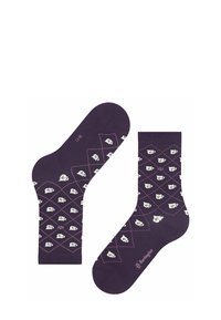 Chaussettes violettes avec un motif en losanges, ornées de tasses à thé blanches. Fabriquées en matériau doux, elles possèdent des orteils renforcés et un logo sur la semelle.
