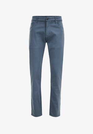 Blaue Denim-Jeans mit geradem Schnitt, fünf Taschen, Reißverschluss und Knopfverschluss. Glatte Textur mit leichtem Stretch für zusätzlichen Komfort.