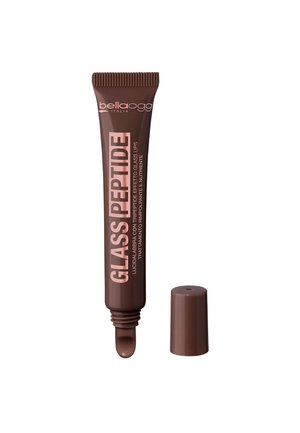 Tube di lucidalabbra Bella Oggi Glass Peptide marrone con tappo rimosso su sfondo bianco.