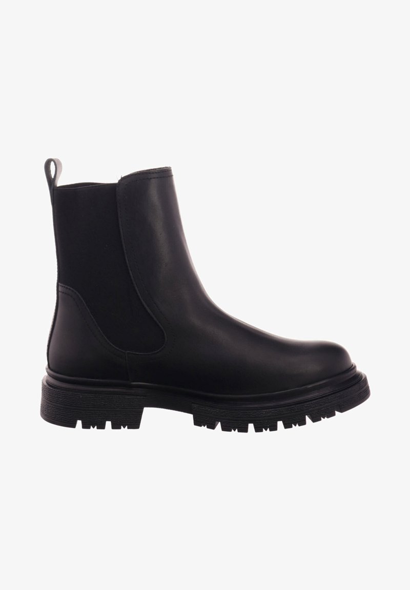 Black ankle boots made of smooth leather with elastic side panels, sturdy rubber sole, and a pull tab at the back for easy wear.