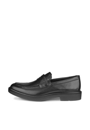 Mocassino slip-on in pelle nera con tacco basso, punta arrotondata e cinturino sulla parte superiore, mostrato dal lato esterno su sfondo bianco.