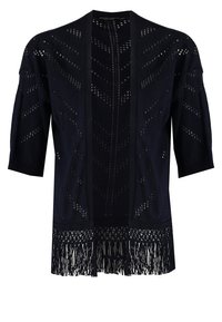 Czarny kardigan z otwartym przodem, z ozdobnym wzorem ażurowym w jodełkę, rękawami do łokcia i frędzlowanym brzegiem.