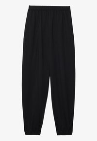 Pantalons noirs légers avec une taille élastique et des chevilles froncées. Le tissu est lisse et présente un design décontracté et fuselé.