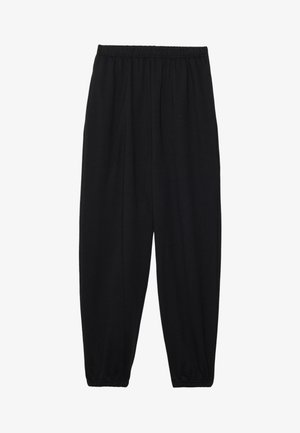 Black, lightweight pants with an elastic waistband and gathered ankles. The fabric is smooth and features a relaxed, tapered design.