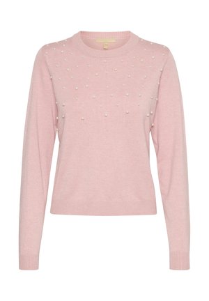 Svetloružový sveter s dlhými rukávmi, okrúhlym výstrihom a dekoratívnymi perlami na prednej strane. Vyrobený z mäkkého, textúrovaného pleteného materiálu.