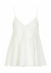 Weißes, ärmelloses Top mit Spaghetti-Trägern. Besitzt einen V-Ausschnitt und ein plissiertes Design am Oberteil, das sich an der Taille weitet.