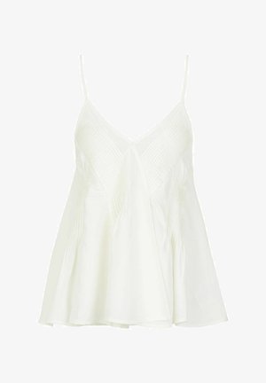 Weißes, ärmelloses Top mit Spaghetti-Trägern. Besitzt einen V-Ausschnitt und ein plissiertes Design am Oberteil, das sich an der Taille weitet.