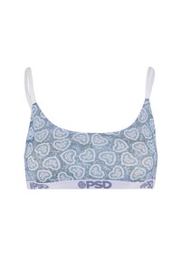 Blauwe bralette met witte bloemenpatronen, verstelbare witte bandjes en een witte elastische band met het "PSD"-logo in donkerblauw.