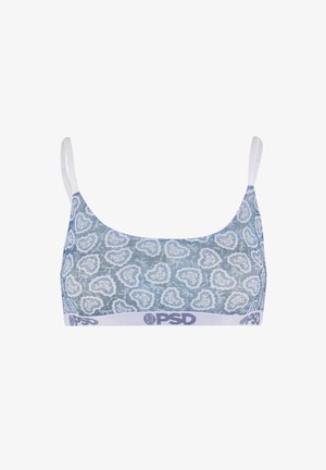 Blauwe bralette met witte bloemenpatronen, verstelbare witte bandjes en een witte elastische band met het "PSD"-logo in donkerblauw.