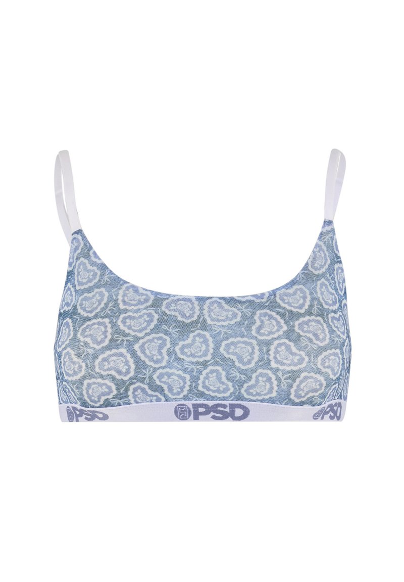 Blauwe bralette met witte bloemenpatronen, verstelbare witte bandjes en een witte elastische band met het "PSD"-logo in donkerblauw.