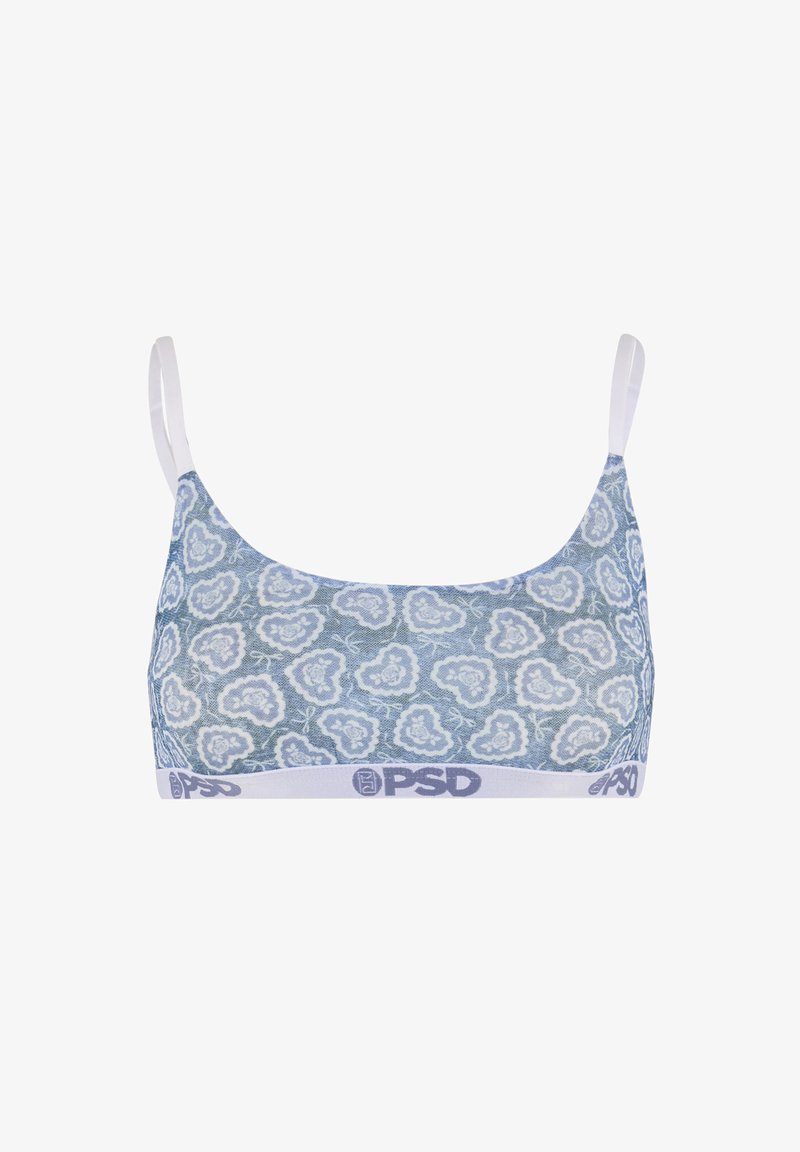 Blauwe bralette met witte bloemenpatronen, verstelbare witte bandjes en een witte elastische band met het "PSD"-logo in donkerblauw.