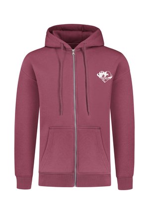 Sudadera con cremallera en color burdeos, confeccionada en tela suave, que cuenta con un bolsillo frontal y un diseño gráfico de corazón en la zona izquierda del pecho.