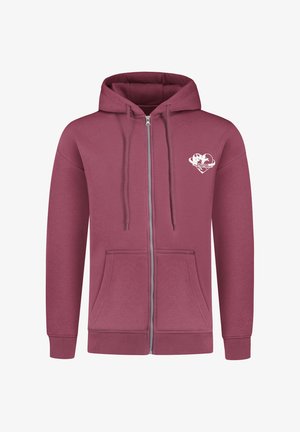 Sudadera con cremallera en color burdeos, confeccionada en tela suave, que cuenta con un bolsillo frontal y un diseño gráfico de corazón en la zona izquierda del pecho.