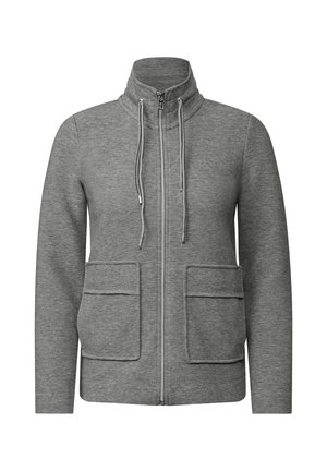 Gray zip-up jacket with high collar, two front patch pockets, and drawstrings. Made of textured fabric with a ribbed pattern.