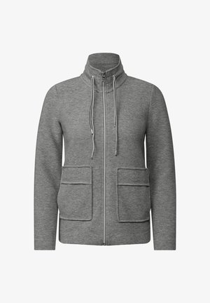 Gray zip-up jacket with high collar, two front patch pockets, and drawstrings. Made of textured fabric with a ribbed pattern.